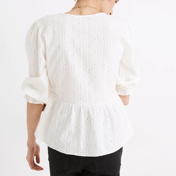 Madewell | Embroidered Eyelet Puff-Sleeve Peplum Wrap Top - Picture 7 of 9